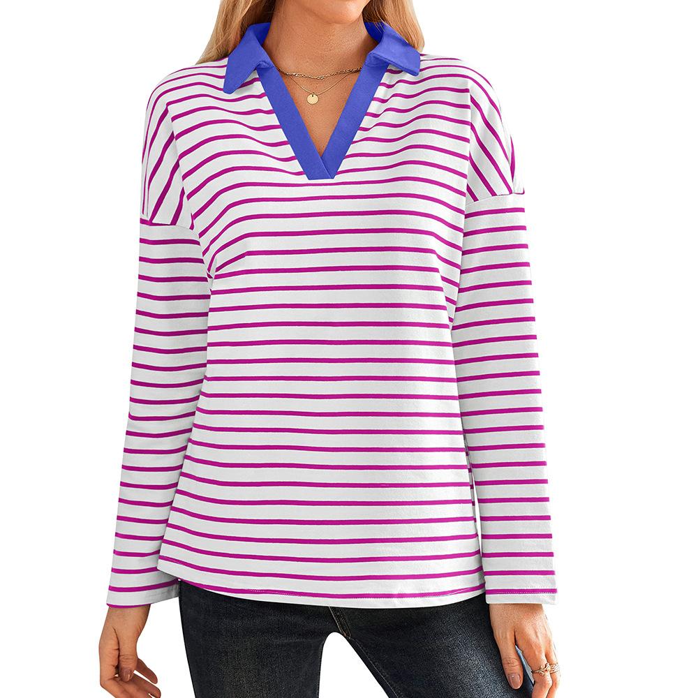 Spring Autumn Women's Striped V-Neck Loose Sweatshirt Lapel Sweatshirt
