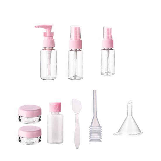 

многоразовая бутылка с воронкой, капельница, ложка, сумка с этикеткой, прозрачный видимый лосьон, шампунь для полоскания рта, косметическая бутылка, дорожные принадлежности розовый