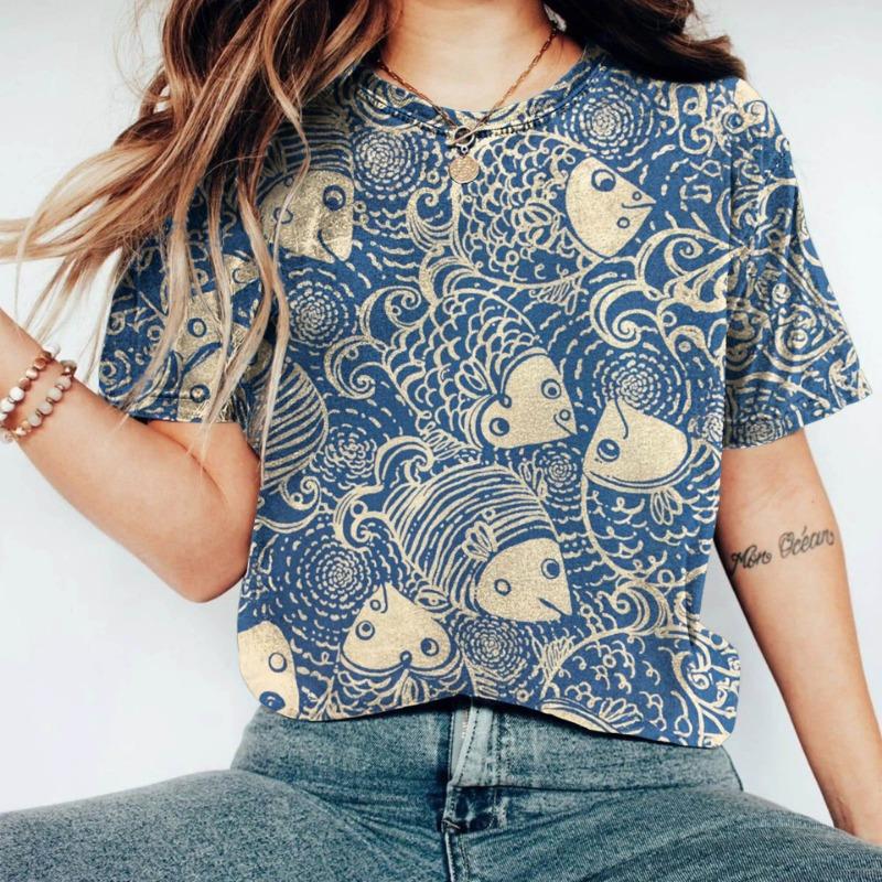 

Женские футболки с коротким рукавом, летняя одежда, футболки с графикой рыбы, женская уличная одежда, пуловеры с круглым вырезом, футболка 6XL 6XL