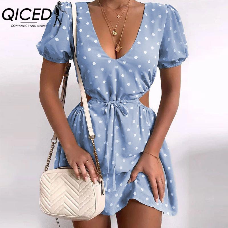 QICED Rochie de întâlnire pentru femei, moale, cu buline, cu talie decupată
