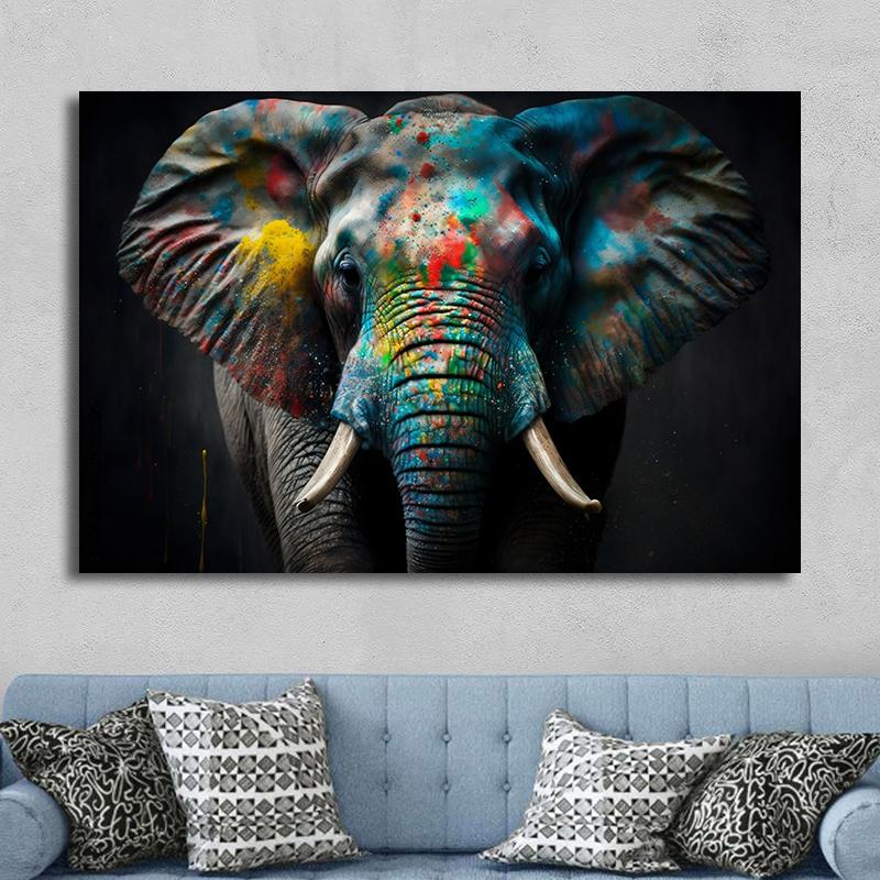 Ritratto Moderno Faccia di Elefante con Pittura su Tela con Pittura Colorata Poster di Elefanti Arte da Parete per Decorazione Soggiorno
