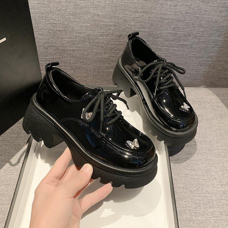 Designer Black Lace-up Casual Shoes Women's College Style Korean Cute Bow Embellished with Thick Sole English Style Basic Style