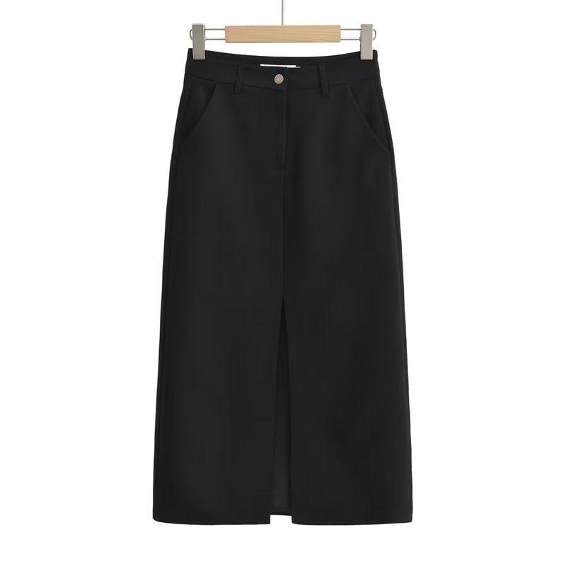 

Za Autumn New Arrival Commute Leisure Slit Design Suit Skirt Gray Sheath Straight Mid-Length Skirt Black L