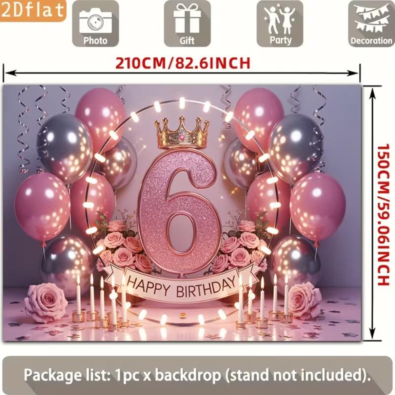

2D Girls 6th Birthday Photo Backdrop Banner Pink Silver Crown Balloon Flower Party Background Cloth 47.2x31.5inch/120*80cm