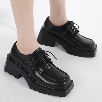 Matte dikzool vierkante neus veterschoenen met dikke hakken leren schoenen casual stijl mode splicing dames leren schoenen