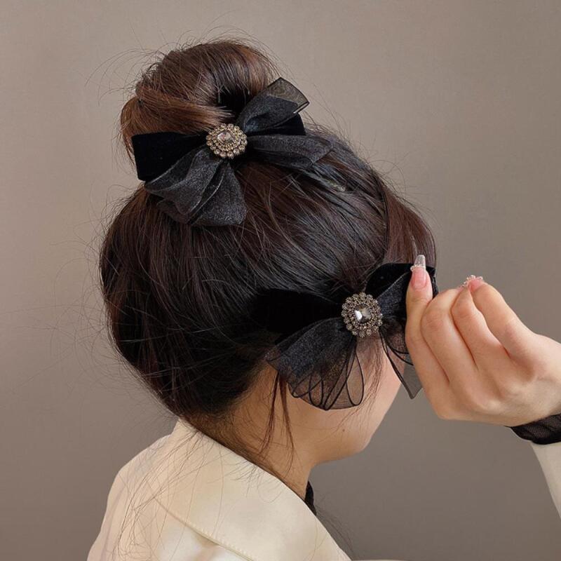 Ribbon pin chiffon cubic half-tied velvet hairpin black