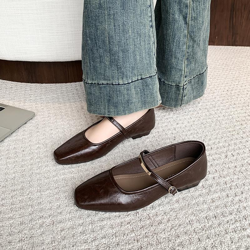 Fashion 2025 New Genuine Shoes Mary Janes Square Toe Low Heels Solid Color Offcie Dress Daily Female Shoes