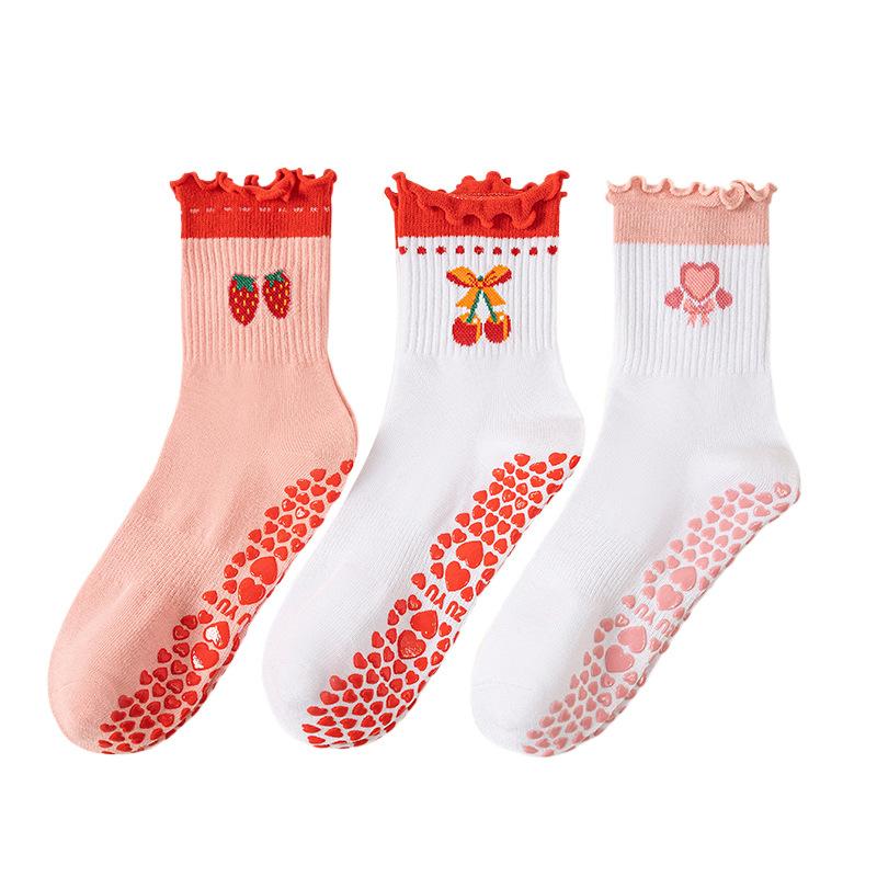 Sports Socks, Women's Lace Mid-calf Socks, Professional Anti-slip Yoga Socks, Heart-shaped Strawberry Cherry Fruit Pilates Socks