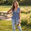Women Sleeveless V Neck Top Loose Fit Blouse Summer Casual Shirt with Smocked Waist and Ruffle Hem Stylish Tank