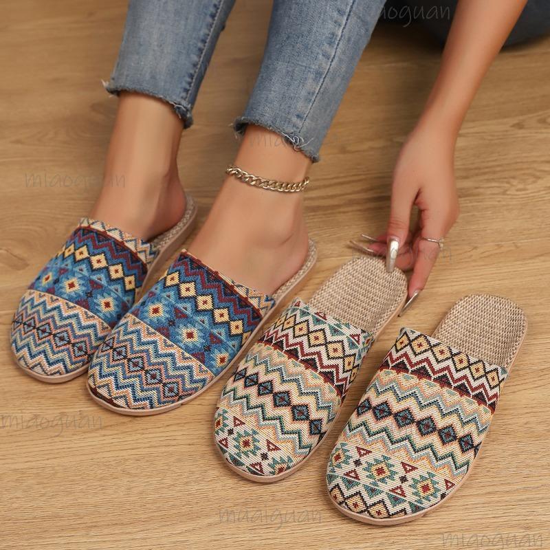 Fashion Summer New Linen Slippers Woven with Grass Cover Toe Ethnic Style Women's Home Indoor Slippers Large Size Slip On Comfortable