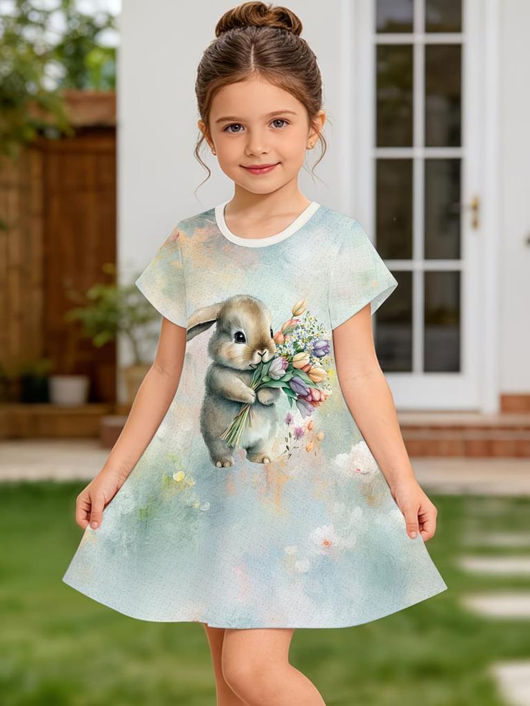 Girl Clothes Cute Rabbit Graphic Printed Girls' Princess Dress Summer Casual Dress for Girls Outfit O-Neck Birthday Gift Clothes