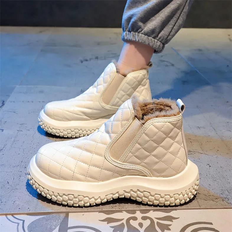 Milk Huhu Thick-soled White Shoes, Snow Boots, Women's Plus Velvet Thickened Autumn and Winter Cotton Shoes, Waterproof, Non-slip and Warm