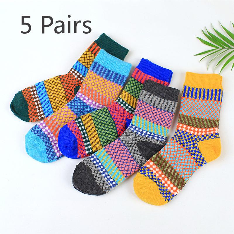

5 пар толстых и теплых носков из кроличьей шерсти для женщин на осень и зиму, в тонкую клетку и в художественном стиле, кашемировые женские носки 5 pairs