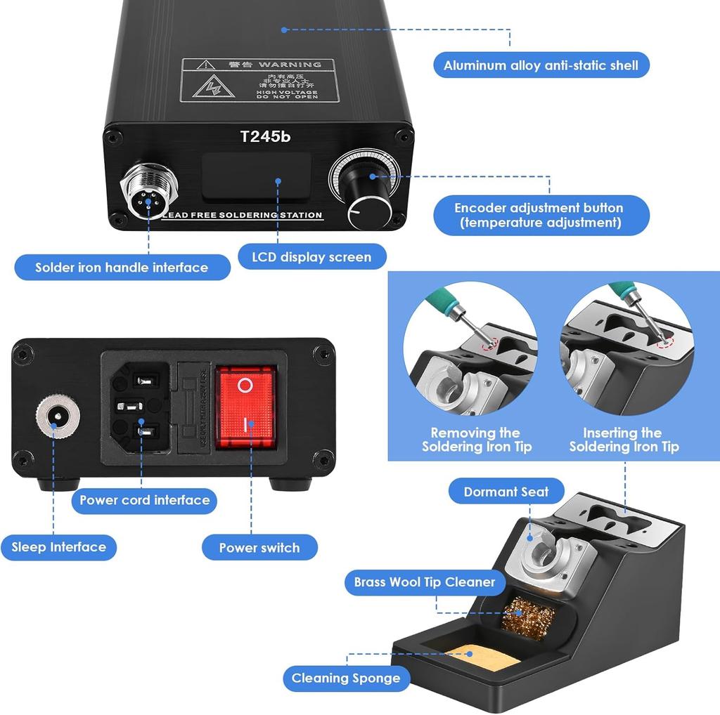 T245b Soldering Station, 180W DIY Welding Iron Tips, Aluminum Alloy Handle, US Plug, C245 Tips