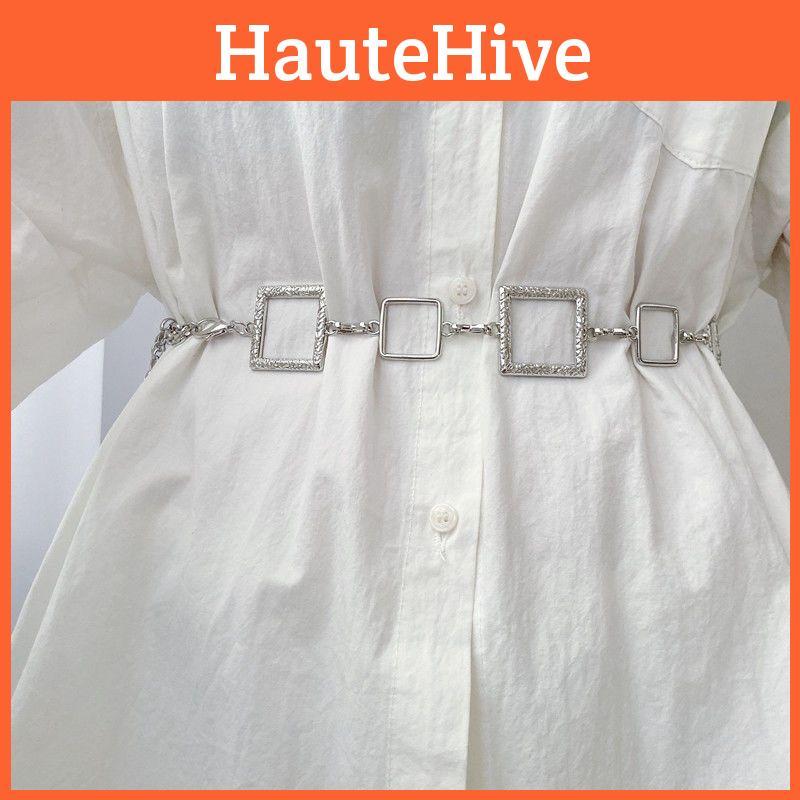 Chic Silver Metal Waist Chain For Women Fashionable Square Link Belt For Jeans