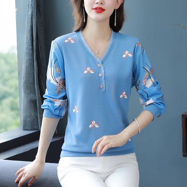 

Новая футболка для мамы, весенне-осенняя модная нижняя рубашка с длинными рукавами, женский топ с v-образным вырезом и принтом, M-4XL 4XL синий