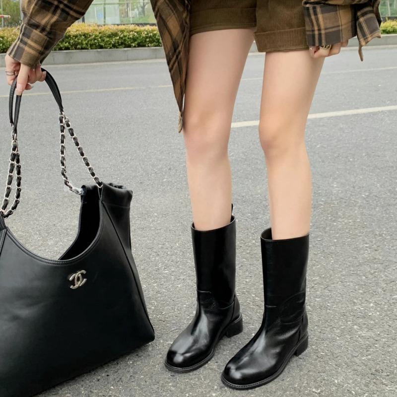 Classic Bla Leather Western Boots Women's Chunky Heel Slimming Ort Boots Briti Sle Spring Autumn Season