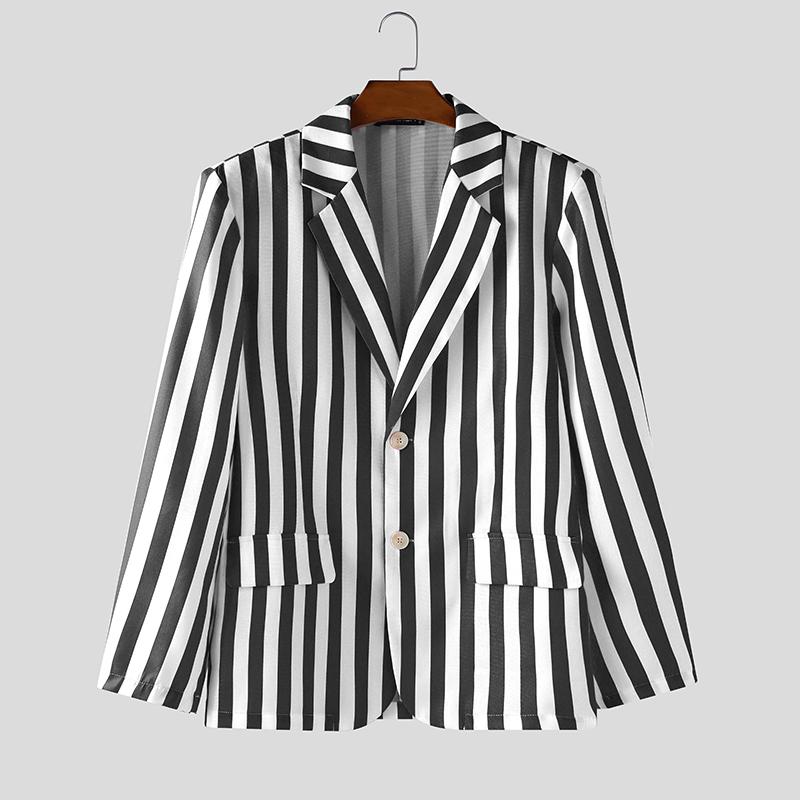 INCERUN Oversized Men Lapel Neck Long Sleeve Striped Print Casual Thin Blazer Suit Coats