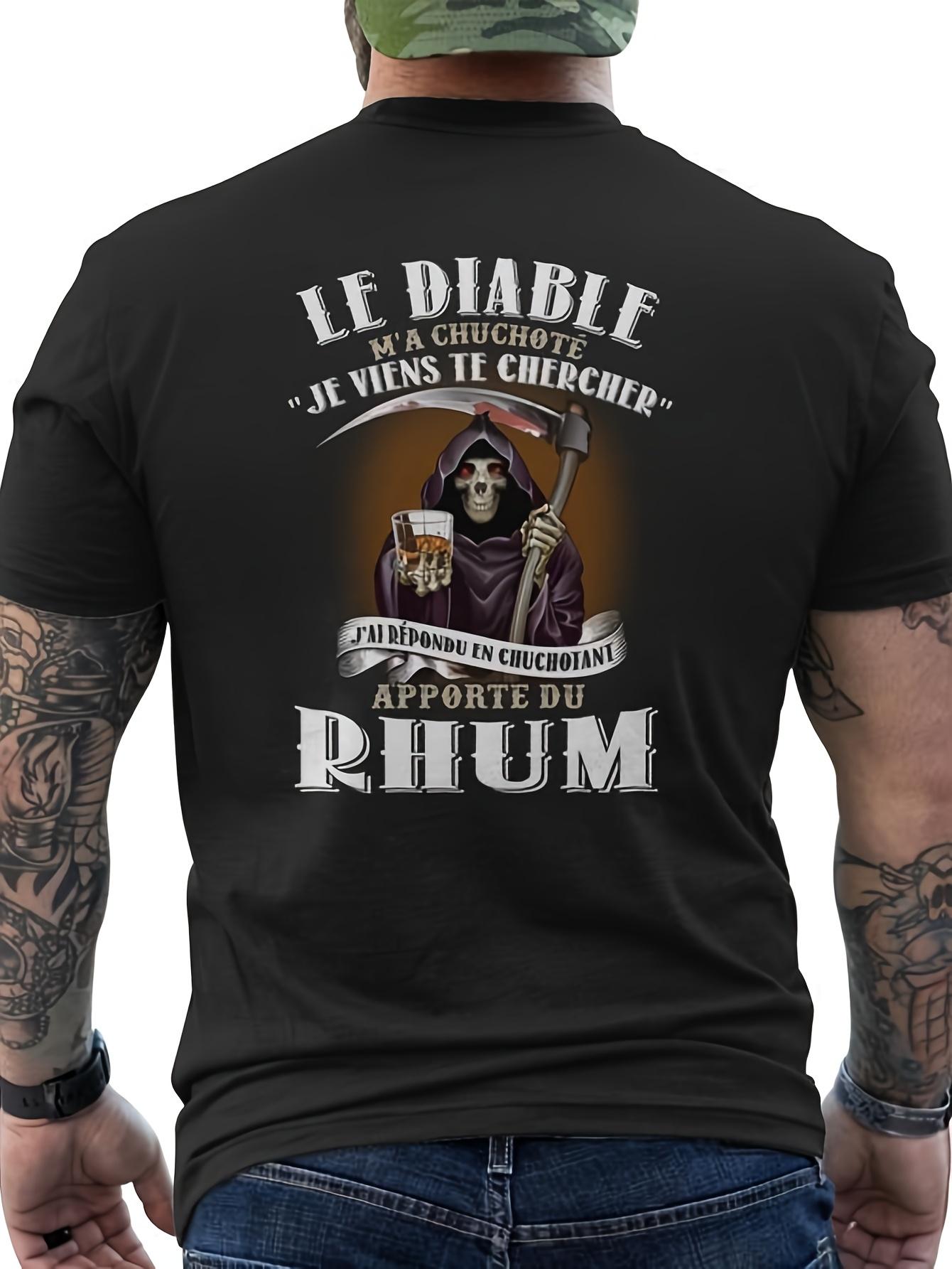 Rhum-Themed T-Shirt with Le Diable & Rhum Skull & Crossbones French Text - Unisex Adult Casual Short Sleeve Tee for Rhum Lovers S