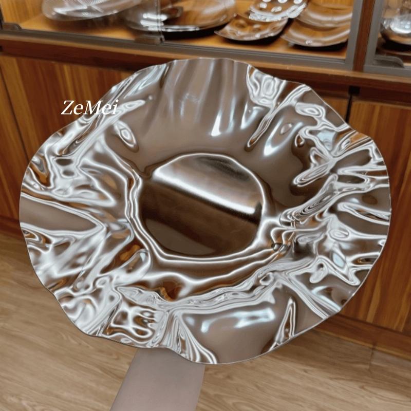 European Style Circle Water Ripples Shape Fruit Plate,Silver Stainless Steel Plate Home Food Tray,Snack Disc Table Decoration