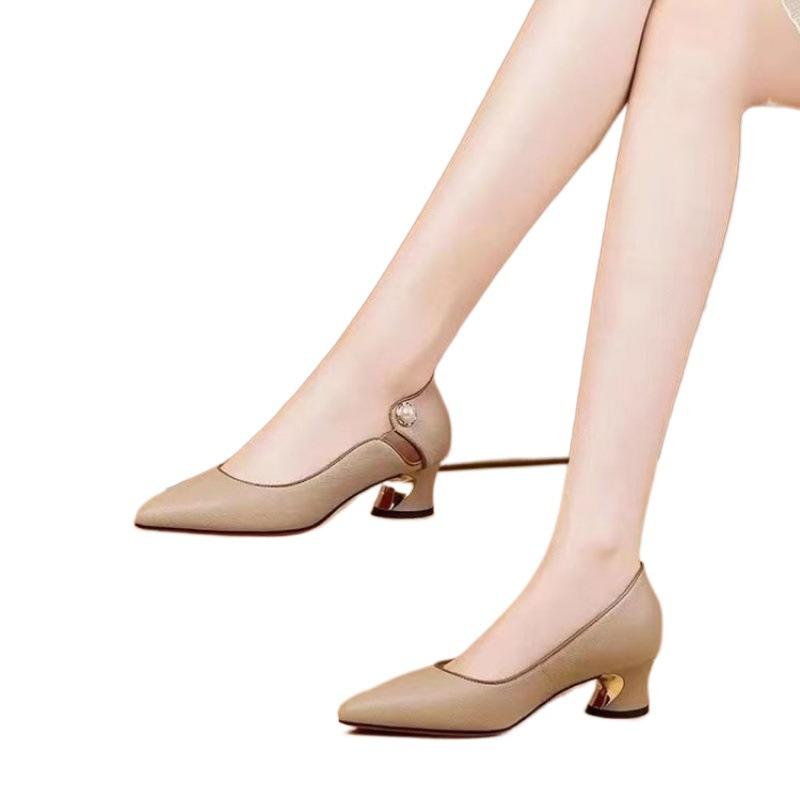 Pantofi noi la modă versatili din piele moale pentru femei pantofi de lucru cu toc jos piele gură deschisă toc gros pantofi simpli vară femei vârf ascuțit