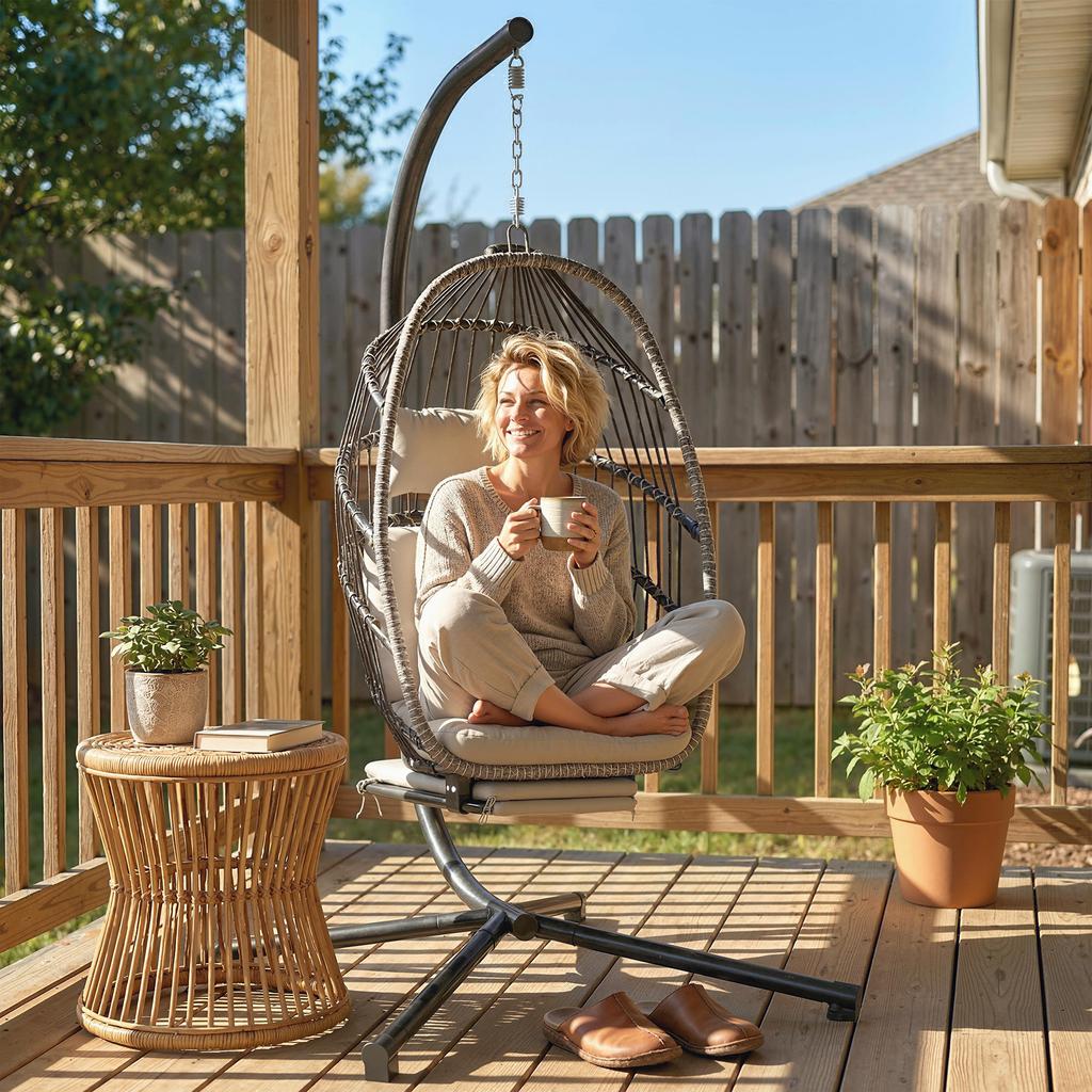 Hanging Chair with Stand, Folding, Retractable Footrest, Light Grey