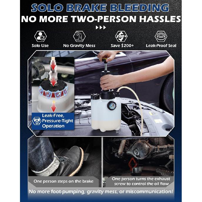 3L Brake Fluid Bleeder Kit w/ 1L Catch Bottle, Pressure Brake Bleeding Tool, Manual Power Bleeder Pump for Flush Brakes and Clutch System, Upgraded