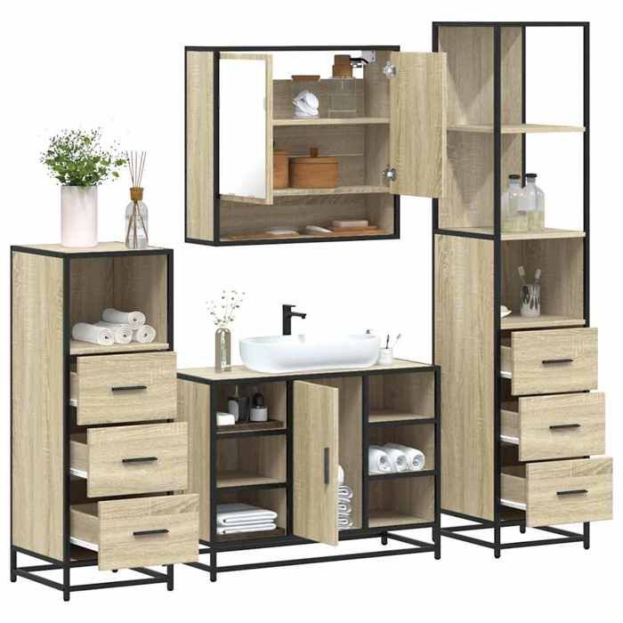 VidaXL Ensemble de meubles de salle de bain 4 pcs chêne sonoma, armoire de salle de bain, armoire de rangement de toilette, 3301301