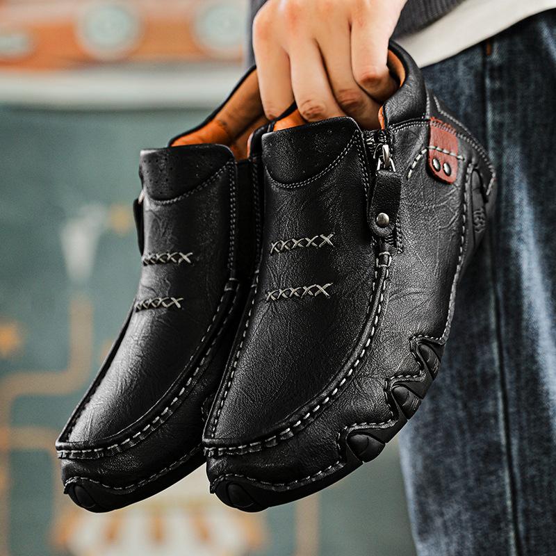 2025 nya stora herrstövlar i läder mode handstickade ankelstövlar platta korta stövlar dragkedja vardagsskor