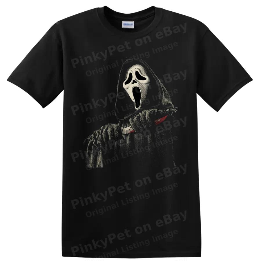 Horror Mask Killer w/ Knife Distressed Graphic Halloween T Shirt Scary Movie Tee
