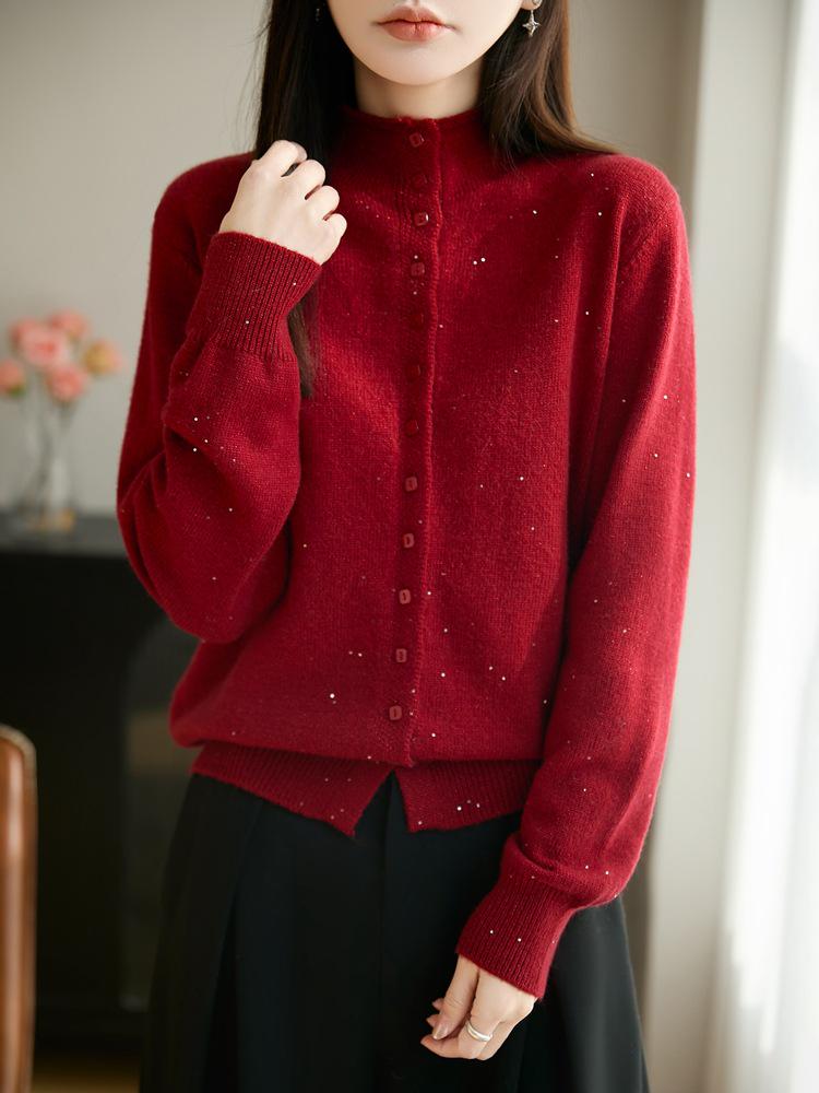 Women's Stand Collar Knit Cardigan with Sequin Yarn and Buttons - Long Sleeve, Versatile, Casual Loose-Fit Sweater Top