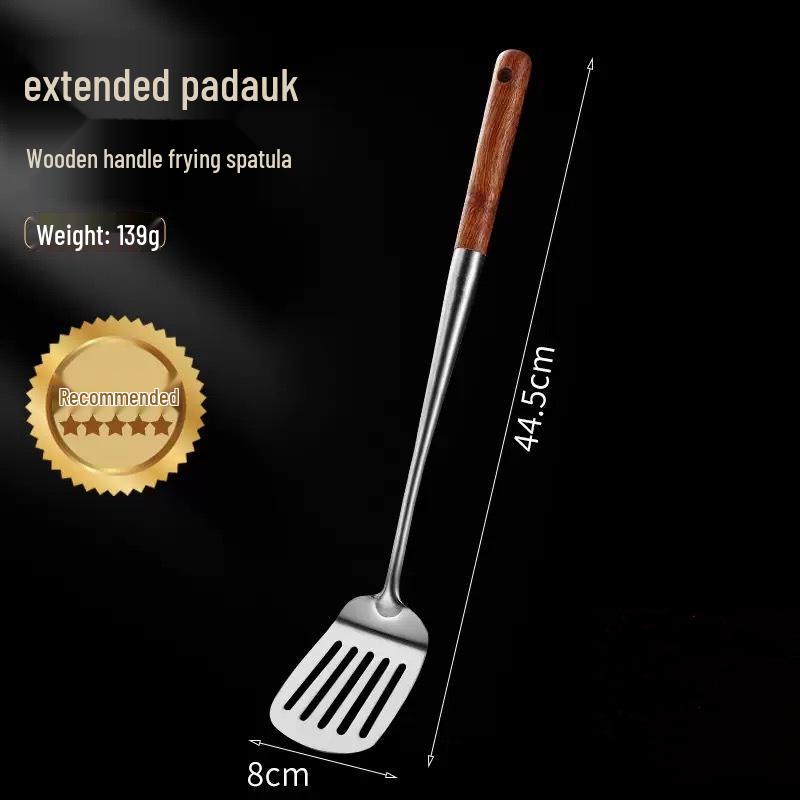 Rosewood Long Handle Stainless Steel Kitchen Utensil Set - Wok Spatula, Non-Stick Skimmer, Slotted Spoon, and Ladle