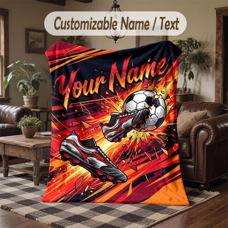 Soccer Theme Throw Blanket Custom Name Text Personalized Blanket Soft Cozy Blanket for Home Sofa Bed