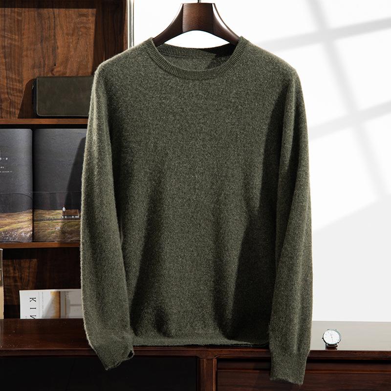 Men's Thick Warm Cashmere Sweater - Solid Color Round Neck Loose Fit