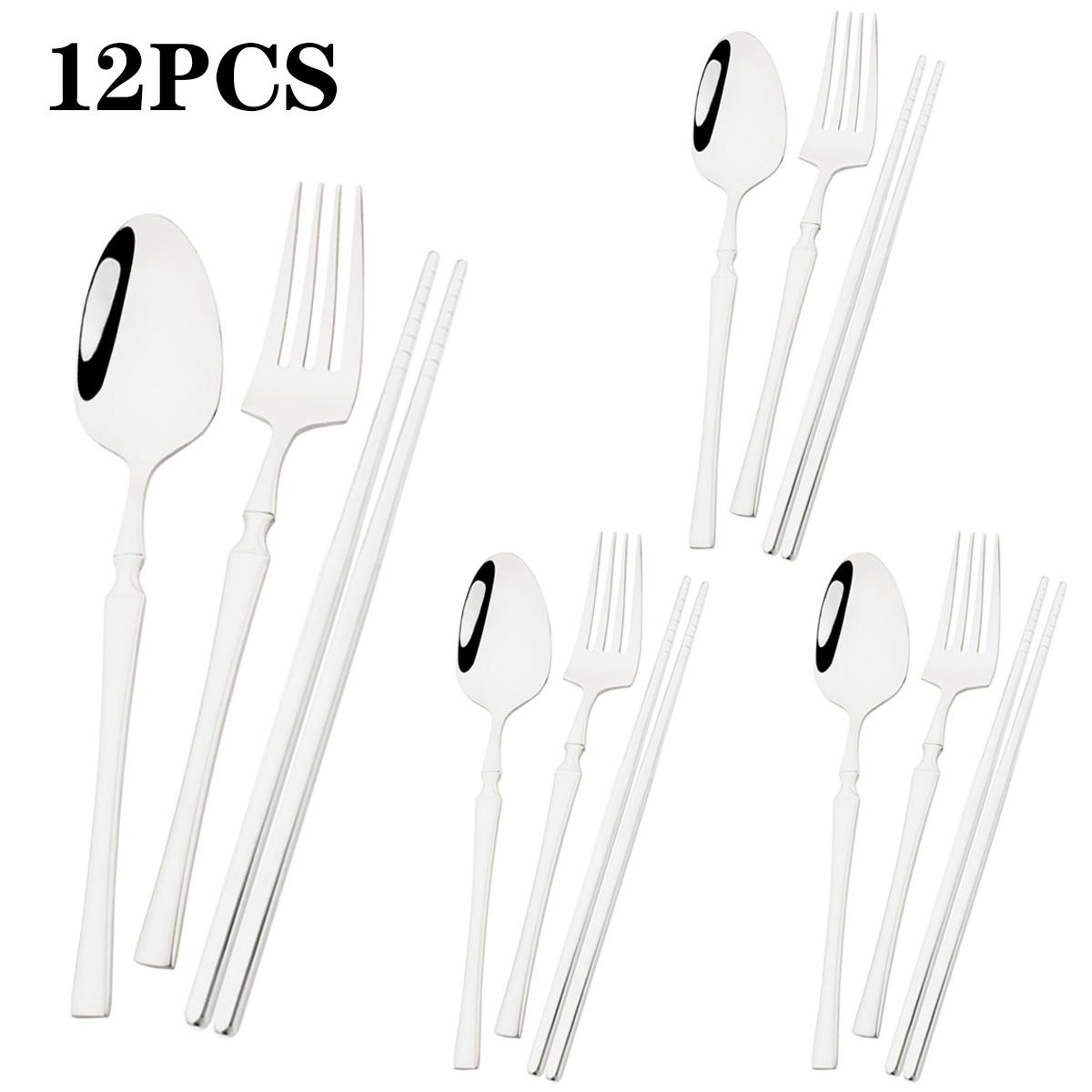 

12pcs Black Gold Stainless Steel Dinnerware Set Waist Fork Spoon Chopsticks Tableware Set Mirror Western Kitchen Party Flatware серебряный