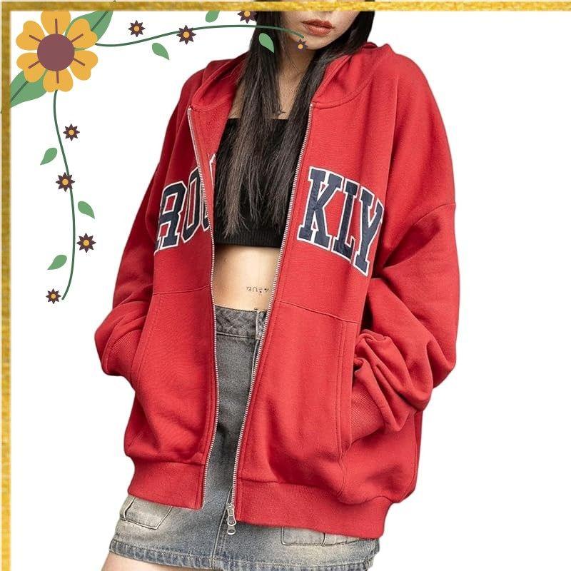 [Wego] Zip Parka Graphic BIG ZIP Hoodie Sweatshirt Outerwear Clothes Autumn Clothes Winter Clothes Street Casual Gift School Women F Red 1