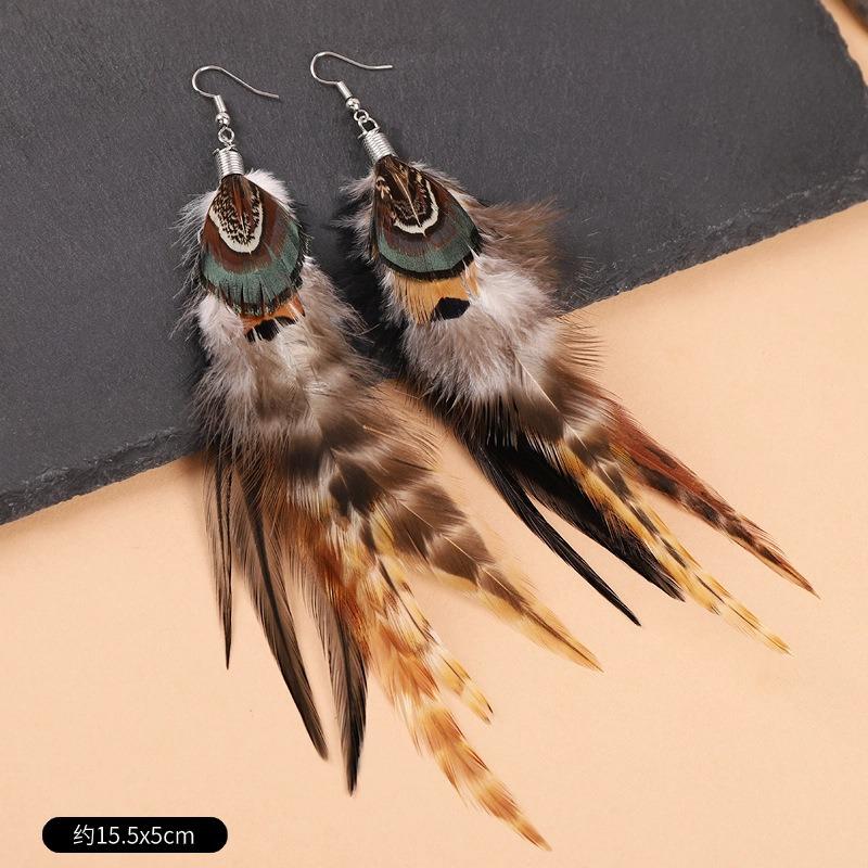 Exaggerated personality long feather earrings women's bohemian temperament retro vacation fringed earrings