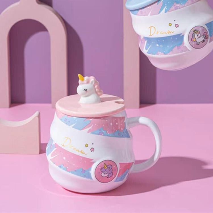 Unicorn Rainbow Ceramic Mug with Lid & Spoon - Cute Girl's Drinking Cup