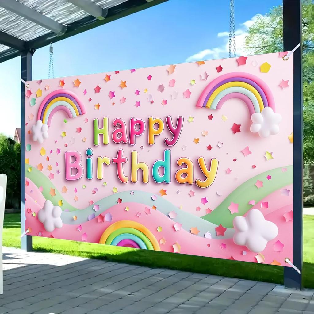 Nuxovilar Happy Birthday Banner - Large 71x43 Inch Pastel Rainbow Clouds Party Backdrop for Kids, Yard Sign, Birthday Decorations