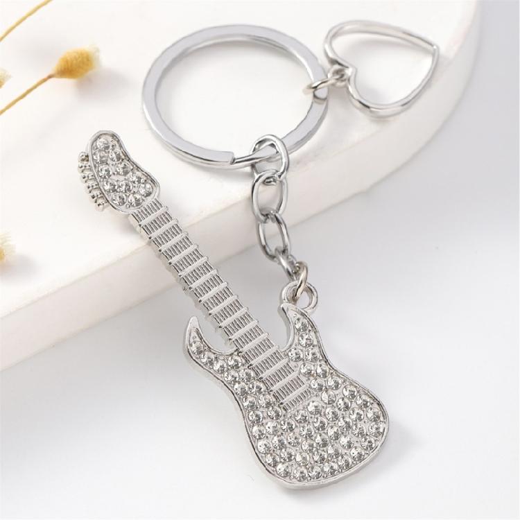 Guitar Pendant Keychain with Shimmering Stones Metal Keyring Sweet Cool Girls Key Chain Lightweight Jewelry for Bag