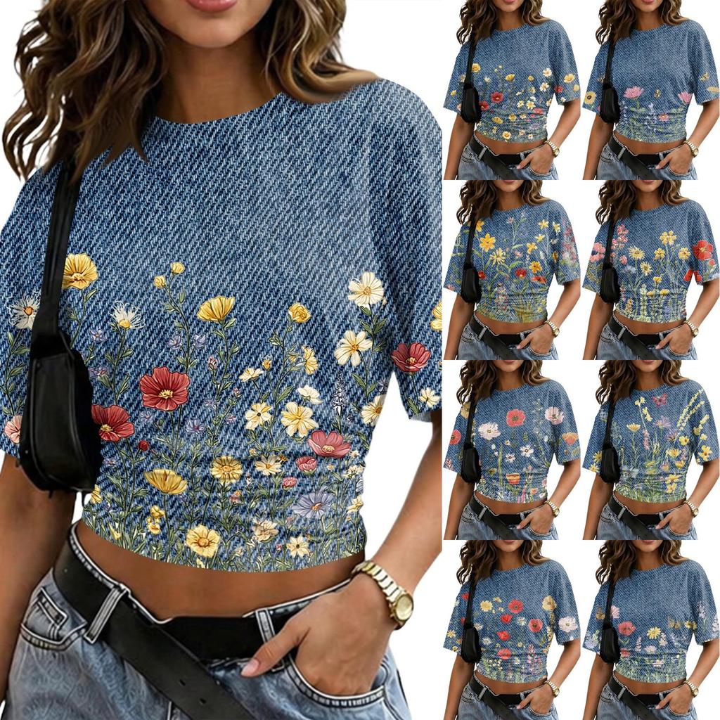 Women Round Neck Pullover Short Sleeve T Shirt Floral Print Loose Fit Casual Top for Daily Wear Lightweight Breathable Fabric