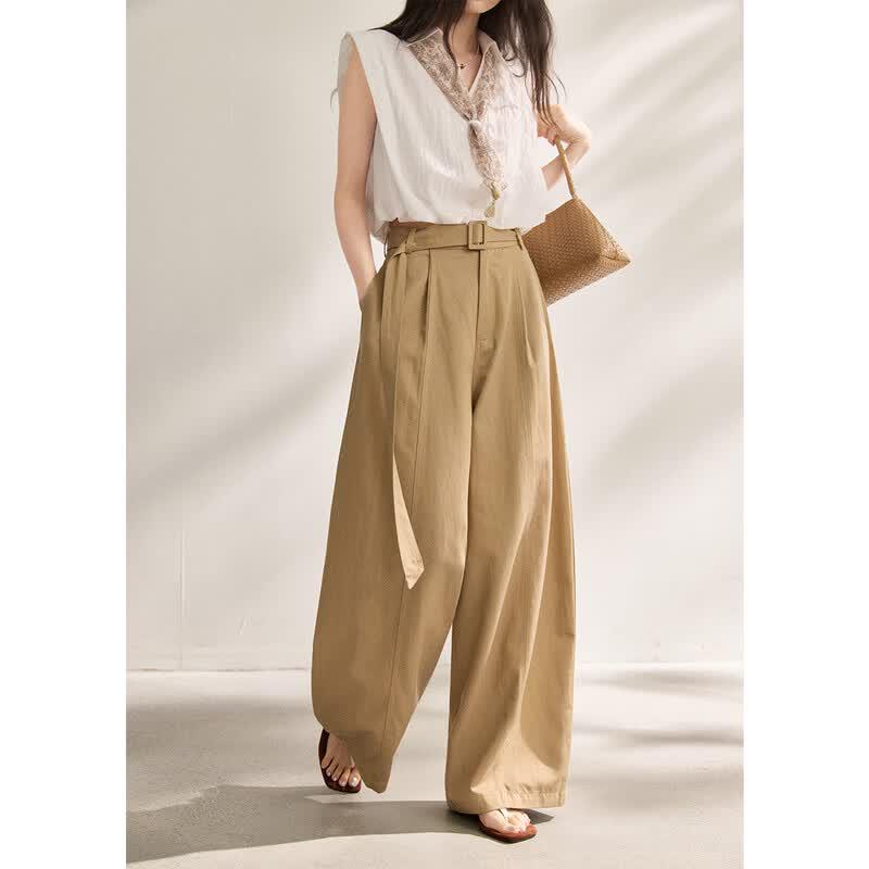 Women s Tencel Cotton High-Waist Wide-Leg Pants with Belt M хаки