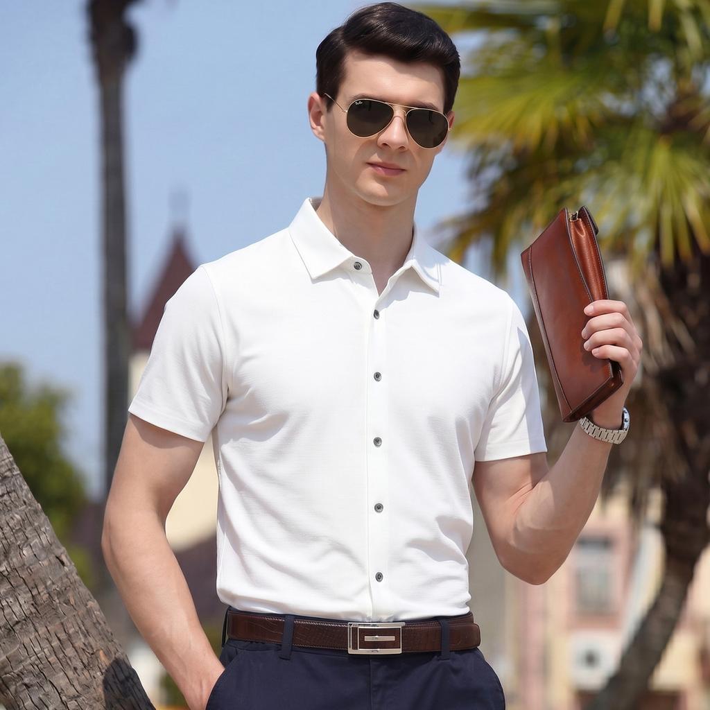 Breathable Modal Business and Leisure Summer Skin friendly Comfortable Cool Short sleeved Shirt Men's Solid Color Versatile Top