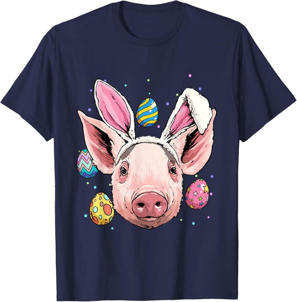 Lustiges Schwein mit Hasenohren Ostereier Grafik T-Shirt Lässiges Baumwoll Kurzarm-T-Shirt für Herren