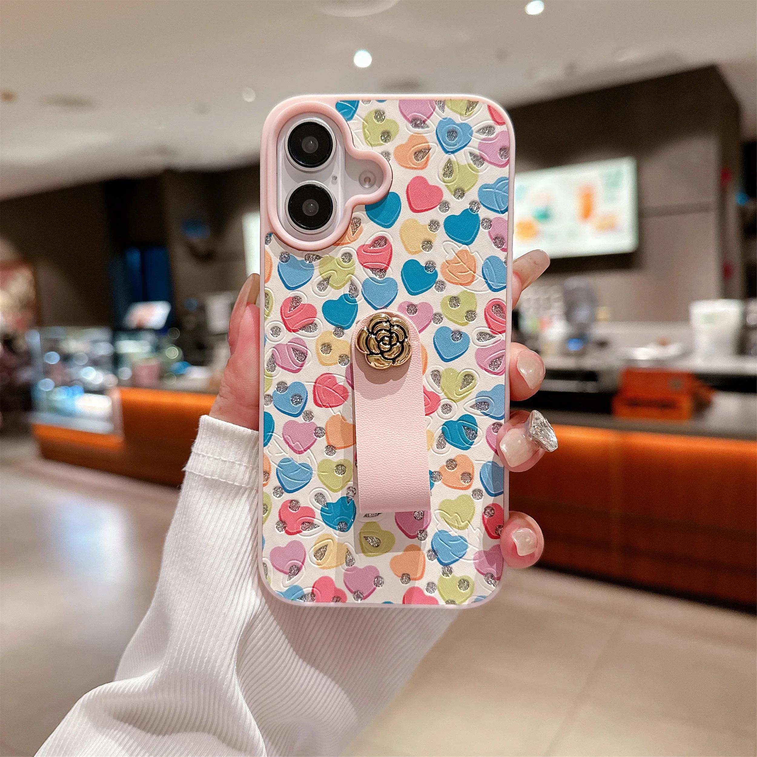 

Чехол для iPhone 16, 15, 14, Pro, 13, 12, 11, Max Plus, держатель для кольца в виде сердца и розы, цветной ремешок из ТПУ For iPhone 13