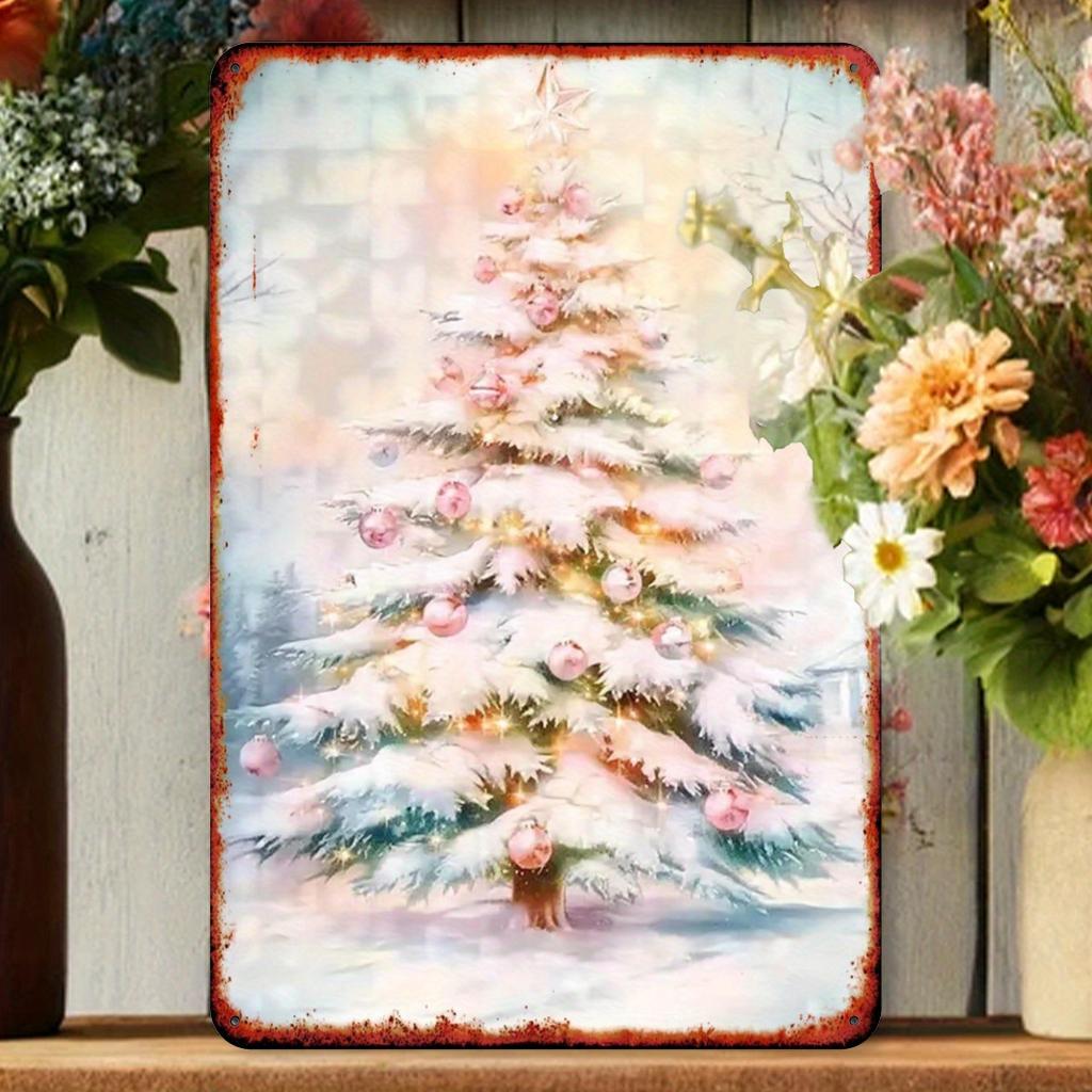 **Festive Christmas Tree Metal Sign -  Round Tin Wall Art with Foil Embossing for Bar Cafe Club, Iron Material Holiday Decor**