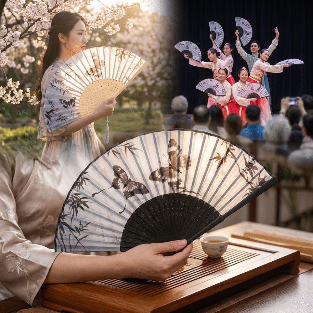 Antique Bamboo Folding Fan Ink Wash Painting Portable Fan Decorative Silk Hand Fan Hanfu Cheongsam