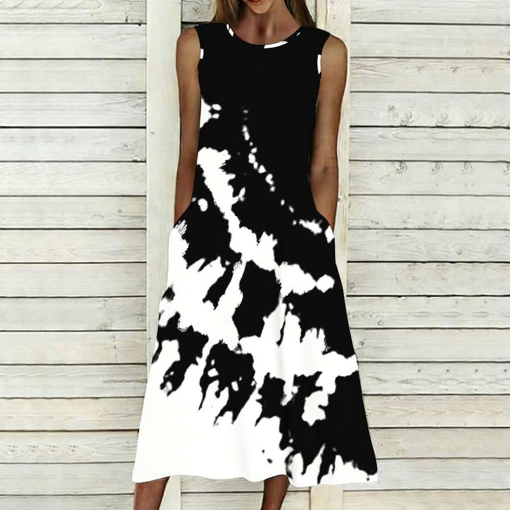 Ladies Oversized Sleeveless Round Neck Dress Vibrant Large Bouquet Floral Loose Midi Gown