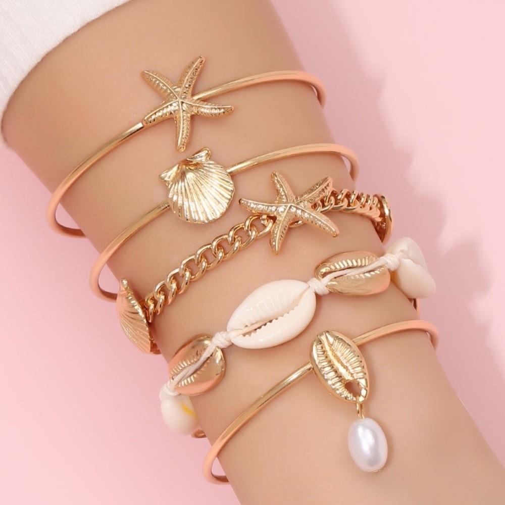 Stacked Design Starfish Shell Bracelet Pendant Bracelet  Women Beach Vacation