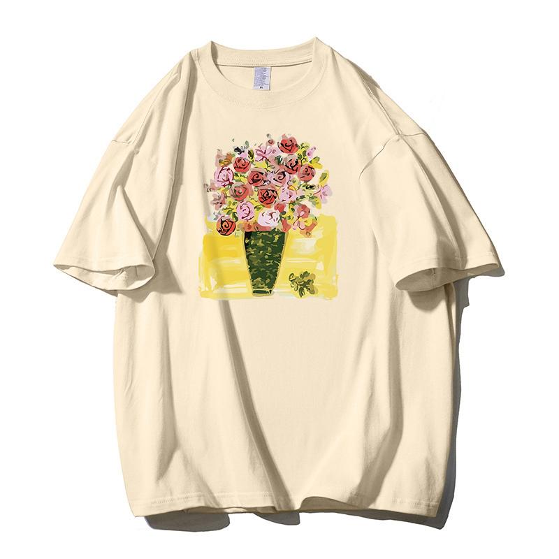 Shellsuning Tričko s potiskem krásných květin pro ženy Letní móda s výstřihem do O Umělecká trička nadměrné velikosti Dámská 100% bavlna Základní měkké topy Harajuku